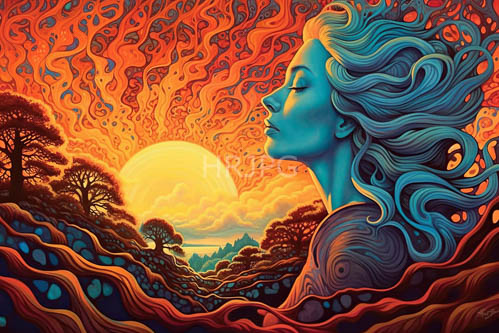 blueskinned women silhouette sunset orange skies yellow suns dark silhouetted trees wavy abstract patterns redorange clouds dreamlike mystical atmosphere