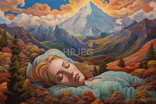 mountain landscape with woman sleeping in contrasting autumn foliage and clouds