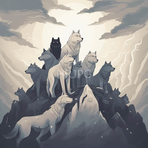 wolves traverse rugged craggy landscape manifesting as ethereal alabaster to charcoal spectrum