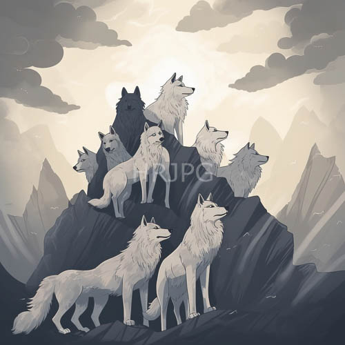 crystal clear wolves gather on dark jagged rocks amidst somber wilderness