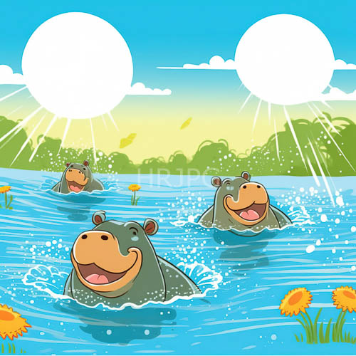 jovial hippopotamuses emerge from crystalline blue waters with earthy brown muzzles in sundrenched sanctuary