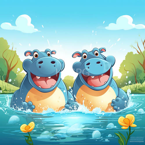 sun glazed rays dances across crystalline pool amidst jovial cerulean hippopotamuses
