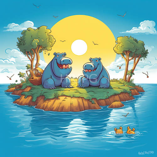 hippopotamuses rest on emerald islet under sunlit horizon glowing with saturating luminescence