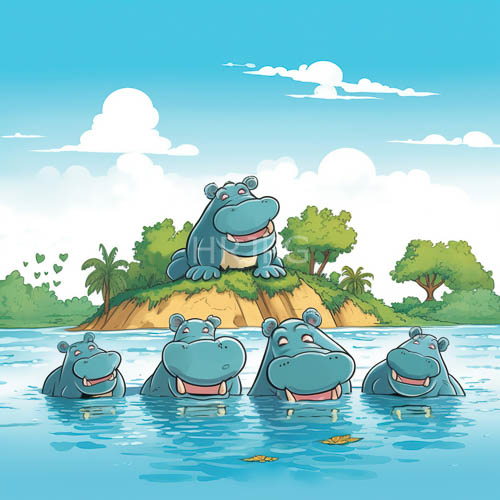 cerulean hippopotamuses recline amidst verdant foliage and serene aquatic landscape