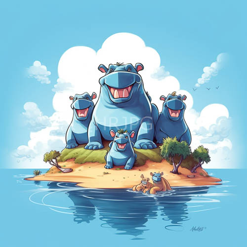 cerulean hues define whimsical landscape of five stout hippopotamuses in sundrenched sanctuary