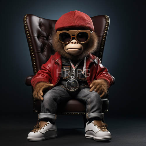 seated anthropomorphic primate in midnight blue abyss with deepbrown leather and vibrant red knitted beanie