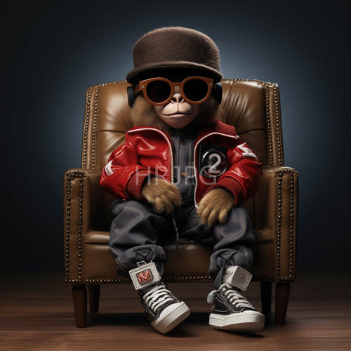 High Resolution: Mysterious Primate Confidently Reclines in Timeless Leather Armchair Amidst Ambient Light download. | HRJPG.com