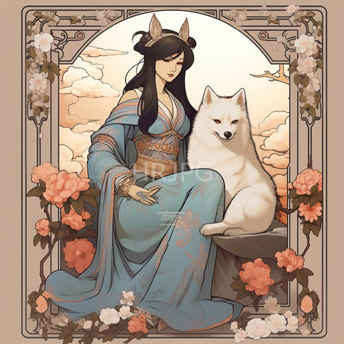 east asian woman reclines amidst dying light in celestial blues kimono