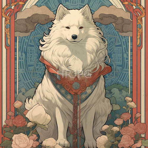 phantasmal canine silhouette cascades luxuriant white fur against ornate bluegray fabric
