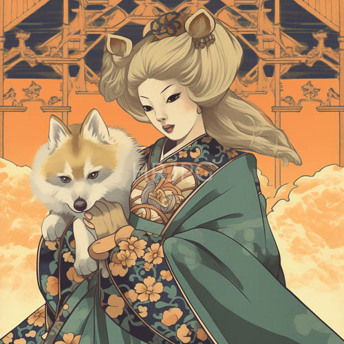 traditional kimono elegance amidst serene jade tones and golden hair amidst stylized landscape
