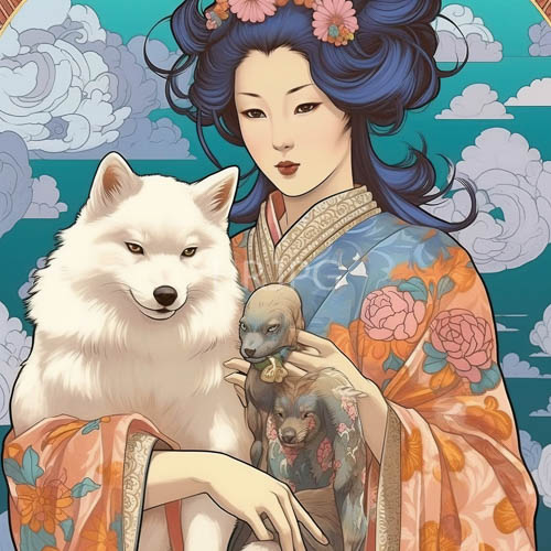 azure locks cascade in soft waves against sunset hues of east asian kimono