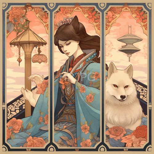 floating art nouveau aesthetics meet traditional japanese motifs in serene twilight serenity
