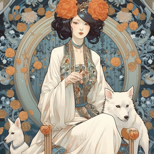 east asian figure amidst woven orange blossoms on porcelainlike skin in traditional attire