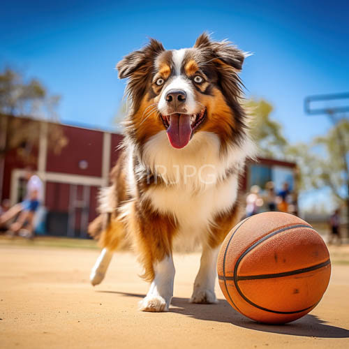 energetic australian shepherds stand out on gritty outdoor basketball courts under sunlight