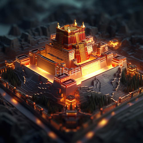 ancient temple complex bathed in honeygold illumination amidst encroaching night shadows