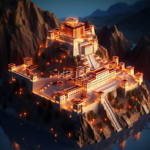 ancient tibetan monastery complex commands horizon at twilight amidst himalayan peaks