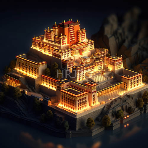 glorious palace complex amber glow illuminates multitiered fa ade under moonless night sky