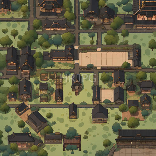 asian architectural harmony revealed through textured roof tiles and verdant greenery against sandybeige structures