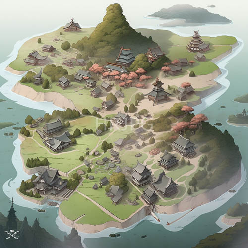 island sanctuary meets architectural heritage in symmetrical pagoda silhouettes against horizon