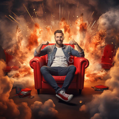 men in rugged medium builds command frames in red leather armchairs amidst chaotic environments