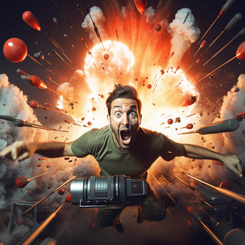 man suspended amidst chaotic with crimson balloons exploding in fiery orange glow