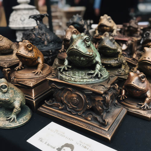 curated collection of weathered amphibian sculptures on ornate pedestals