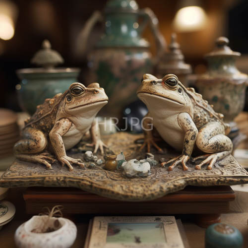 ceramic realism meets rustic charm in intricate amphibian sculptures on weathered pedestal