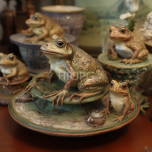 kilnfired clay ceramic assemblage of hyperrealistic amphibian sculptures with mottled pigments and textured details