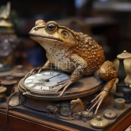antique timepiece hosts frog statue amidst weathered roman numerals and ceramic artifacts