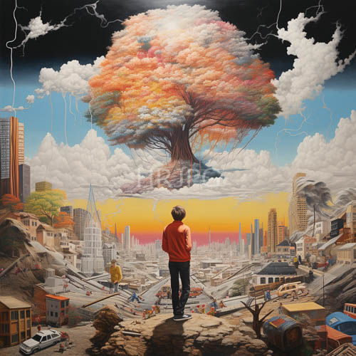 fractured metropolis succumbs to amberhued twilight with ancient tree suspended in midair