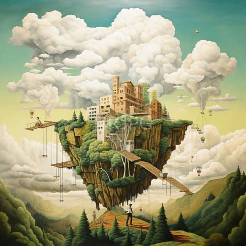 solitary island drifting serenely amidst ethereal expanse with urban spires and verdant foliage piercing atmosphere