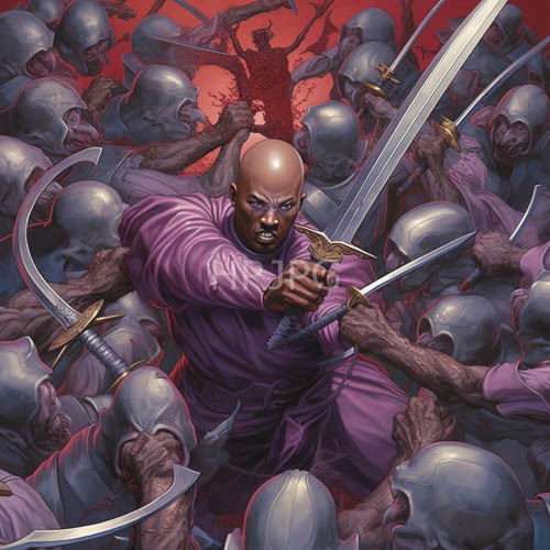 solitary bald warrior stands defiant against metallic horde in crimson backdrop