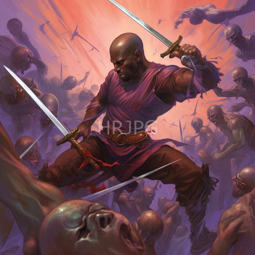 africanamerican warrior stands against relentless tide of undead skeletons under ephemeral celestial glow
