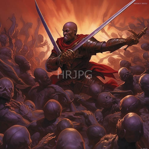 africanamerican warriors standing defiantly amidst encroaching hordes of grayskinned figures in dark polished armor
