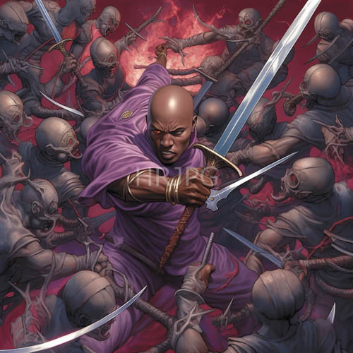 High Resolution: Violetclad Warrior Cuts Through Infernosoaked Arena in Desperate Struggle Against Skeletal Adversaries download. | HRJPG.com