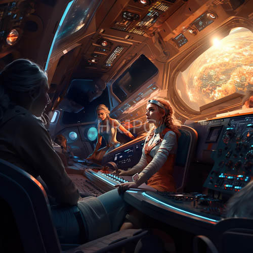 navigators gaze reflected in polished metallic consoles amidst starlight and reflected starships
