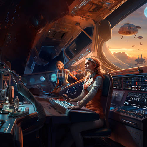 High Resolution: Celestial Vessel Command Deck Illuminated by Dazzling Amber Light and Panoramic Windows download. | HRJPG.com