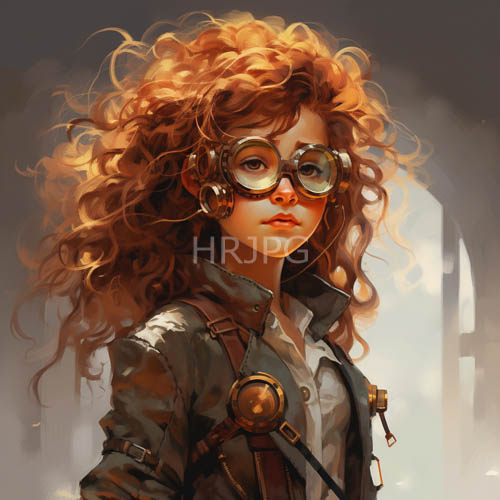 steampunkinspired protagonist exhibits contrasting flamehued curls amidst industrial aesthetic