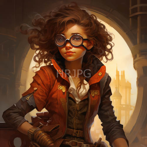 silver traced texture of tightly coiled brown locks framed by steampunk attire in flickering light