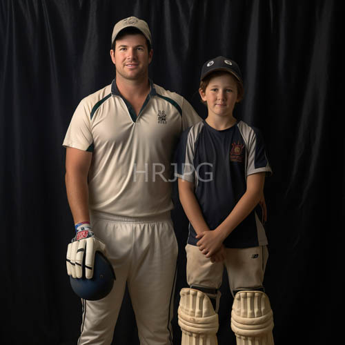 mature athlete and young disciple in moody draped fabric setting against cricket attire