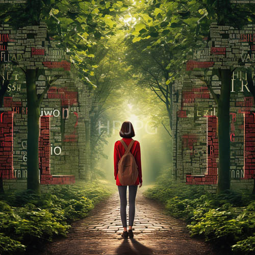 rich green canopy filters through dense leaves across weathered cobblestone pathway silhouette