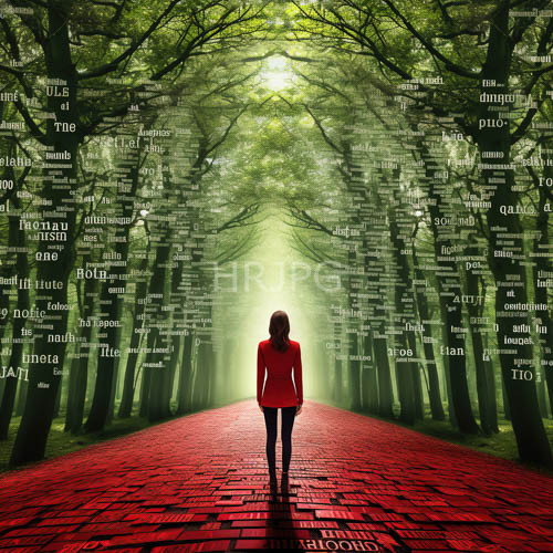 sanguine hues define walkway in dense woodland through evocative artistry