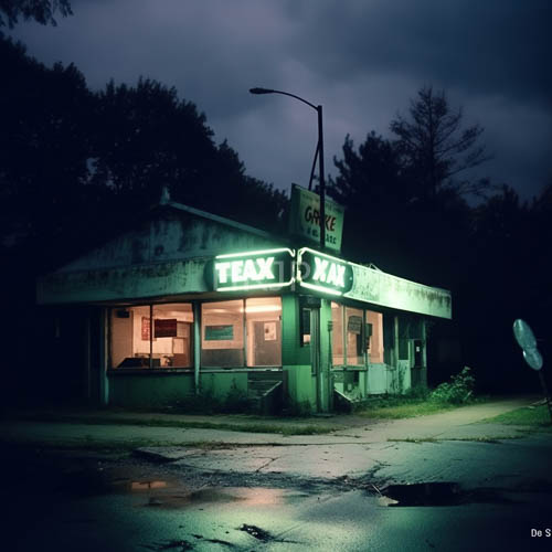 midcentury gas station silhouette beneath oppressive overcast sky fades into dense forest
