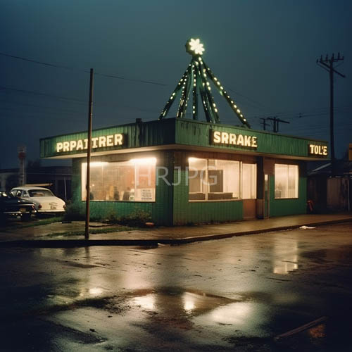 sepia toned drivein diner exterior features faded green paint and neon signage at night