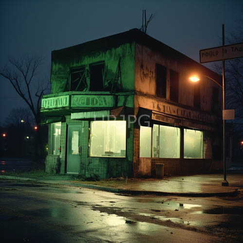 fractured facade of a derelict twostory structure under electricgreen neon