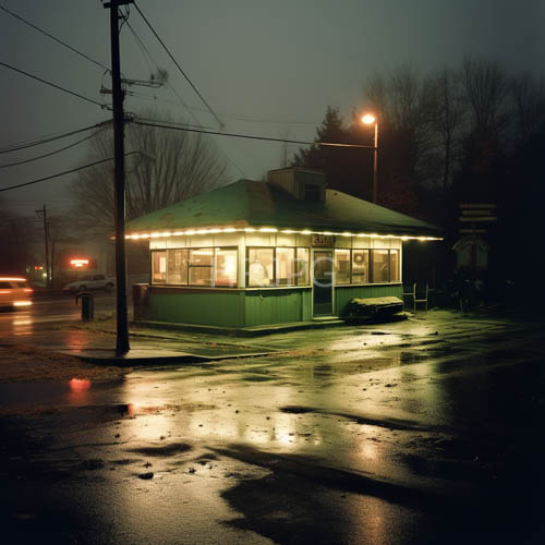 tarnished facade transformed by amber light on raindrenched roadside diner