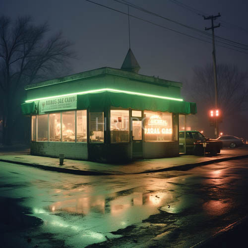 High Resolution: Foggy Diner Silhouette Traced by Chartreuse Neon and Amber Streetlight download. | HRJPG.com