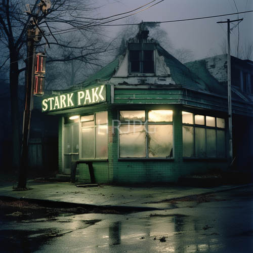 fragile facade of weathered structure with retroinspired neon sign