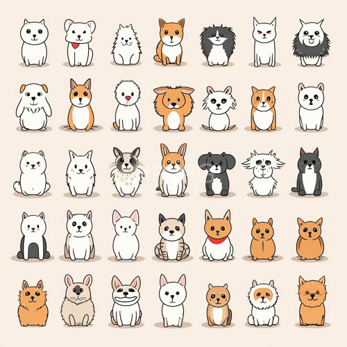 distinct canine companions populate rhythmic rows against soft backdrop