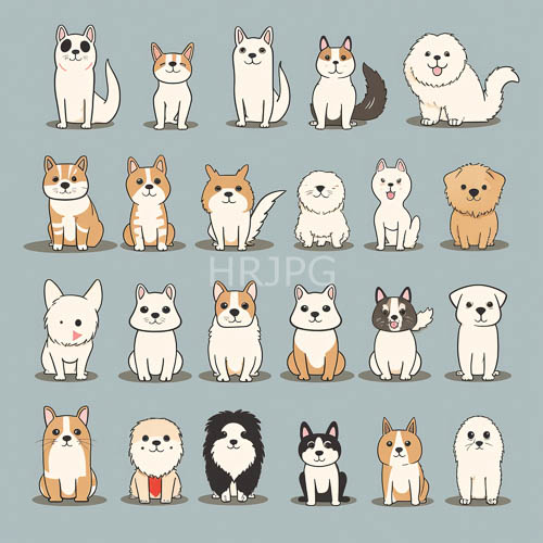 canine diversity celebrated in structured grid composition against calming cerulean background